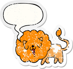 cute cartoon lion with speech bubble distressed distressed old sticker