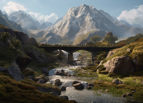 A captivating view of a charming bridge above a river spanning a gorge in the heart of a mountain landscape, creating a beautiful harmony between human ingenuity and the rugged grandeur of nature.