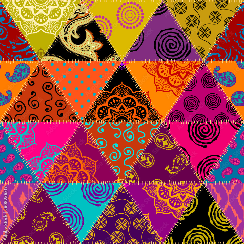 Poster textille patchwork pattern. seamless vector image. bright tribal patchwork.