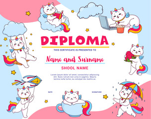 Kids diploma. Cartoon cute caticorn characters vector certificate. School or kindergarten education diploma background frame with magic unicorn cat or kitten animal personages, rainbow and clouds