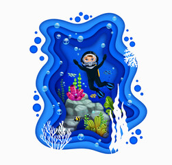 Cartoon diver and underwater paper cut sea landscape, vector undersea in papercut. Boy kid diving in scuba aqualung in sea or ocean deep water with coral reef fishes and seaweeds in paper cut layers