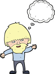 cartoon happy bearded man waving with thought bubble