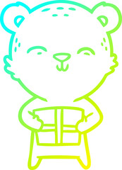 cold gradient line drawing of a happy cartoon bear with gift