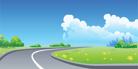Landscape with a road leading to the city seen in the distance. Vector illustration.