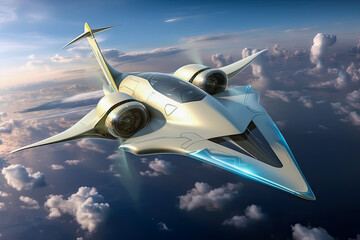 Prototype ultrasonic aircraft, flying at high altitude, generative AI