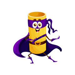 Cartoon italian cannelloni pasta superhero character. Noodle meal, Italian cuisine restaurant happy defender mascot. Cannelloni pasta comical warrior isolated vector cute personage in cape and mask