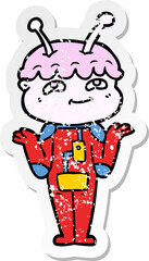 distressed sticker of a friendly cartoon spaceman