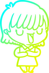 cold gradient line drawing of a cartoon woman