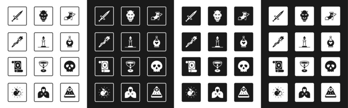 Set Hermes sandal, Burning candle in candlestick, Magic staff, Dagger, Bottle with love potion, Mask of the devil horns, Skull and scroll icon. Vector