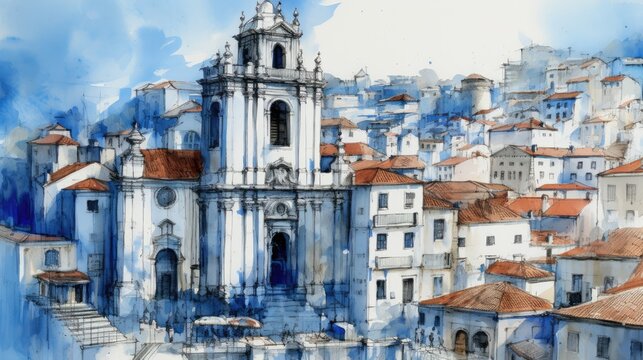 Watercolor painting sketching of Coimbra old city of Portugal Generative AI Illustration