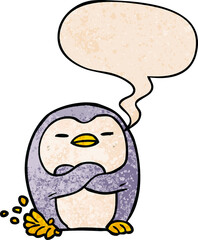 cartoon penguin tapping foot with speech bubble in retro texture style