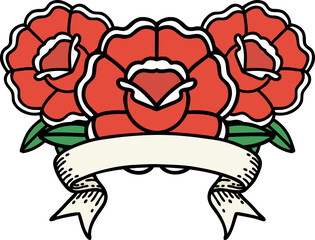 traditional tattoo with banner of a bouquet of flowers