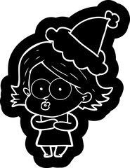 quirky cartoon icon of a girl pouting wearing santa hat
