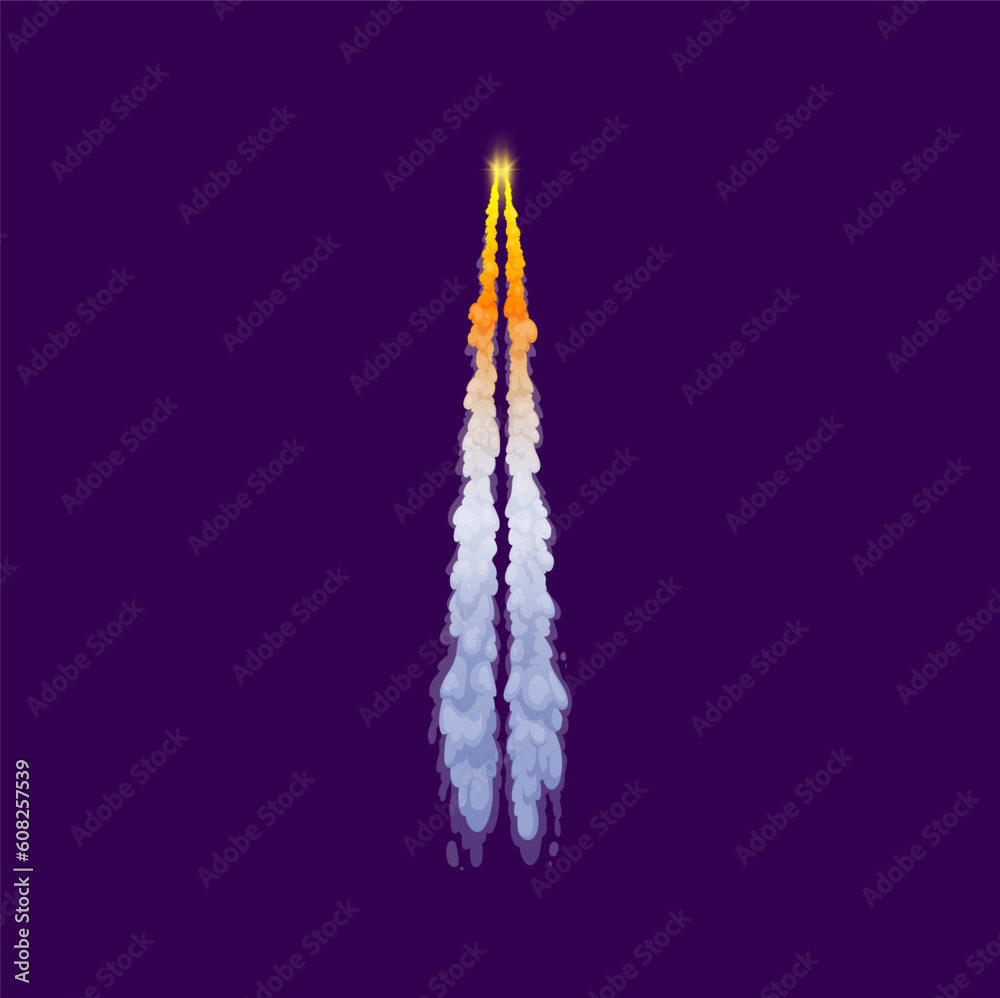 Poster cartoon rocket smoke trail with jet fire and steam clouds. vector spaceship or shuttle carrier rocke
