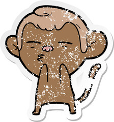 distressed sticker of a cartoon suspicious monkey