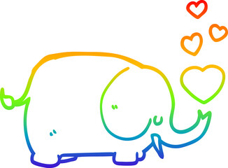 rainbow gradient line drawing of a cute cartoon elephant with love hearts