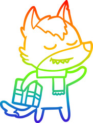 rainbow gradient line drawing of a friendly cartoon wolf carrying christmas present