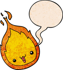 cute cartoon flame with speech bubble in retro texture style