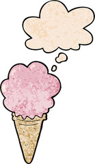 cartoon ice cream with thought bubble in grunge texture style