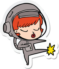 sticker of a cartoon pretty astronaut girl karate kicking