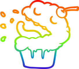 rainbow gradient line drawing of a funny cupcake