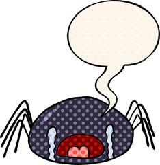 cartoon halloween spider crying with speech bubble in comic book style