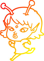 warm gradient line drawing of a pretty cartoon alien girl running