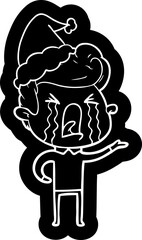 quirky cartoon icon of a crying man wearing santa hat