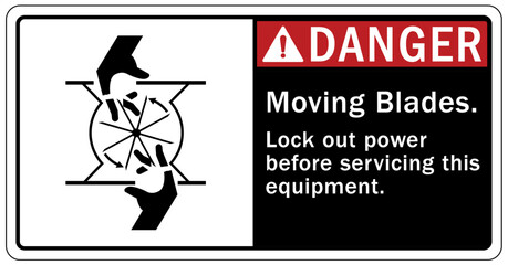 Rotating blade hazard sign and labels moving blade. Lock out power before servicing this equipment