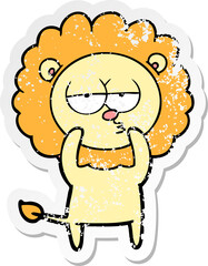 distressed sticker of a cartoon bored lion