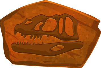 Predatory dinosaur fossil head imprint in stone. Prehistoric animal body piece fossil, Jurassic reptile or dino skull bones paleontology museum rock or extinct lizard skeleton stone vector imprint © Vector Tradition