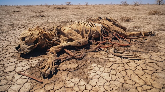 Generative AI image of a lion carcass died on dried desert due to prolonged drought season. This is a result of climate change affecting the world
