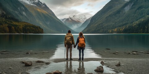 Travelers couple look at the mountain lake. Travel and active life concept with team.