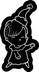 quirky cartoon icon of a squinting girl wearing santa hat