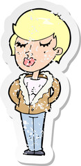 retro distressed sticker of a cartoon cool relaxed woman