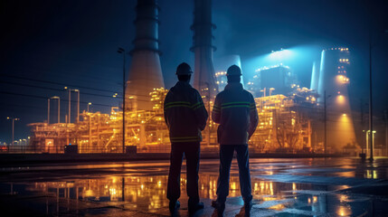 Fototapeta na wymiar Picture of a rear view of two power engineers standing at a fuel oil refinery looking at power generation planning work at high voltage electrodes - generative AI illustration.