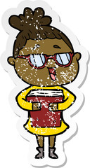 distressed sticker of a cartoon happy woman wearing spectacles