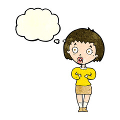 cartoon woman making Who Me? gesture with thought bubble