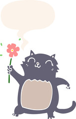 cartoon cat with flower with speech bubble in retro style