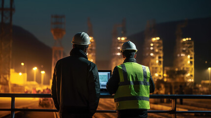 Picture of a rear view of two power engineers standing at a fuel oil refinery looking at power generation planning work at high voltage electrodes - generative AI illustration.