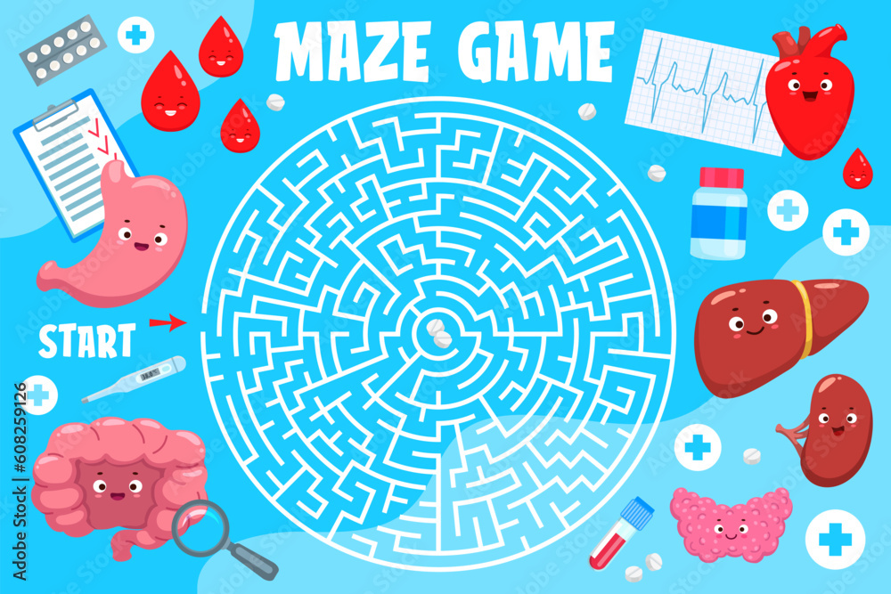 Poster labyrinth maze game with cartoon body organ characters, vector worksheet for kids. funny heart, brai