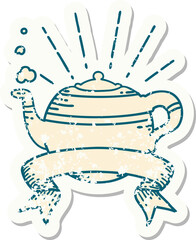 worn old sticker of a tattoo style steaming teapot