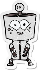 distressed sticker of a happy cartoon robot