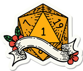 sticker of a natural one d20 dice roll