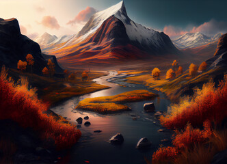 A beautiful autumn scene unfolds, where a mighty mountain towers over a serene river, its banks adorned with trees ablaze in the rich hues of the fall, painting a breathtaking portrait of nature