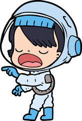 cartoon astronaut woman pointing and talking