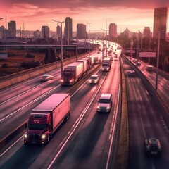 Fototapeta na wymiar Highway scene with cargo trucks transporting, emphasizing speed, logistics, and the evolving role of technology in transportation generative ai