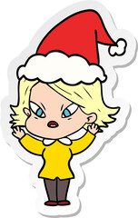 hand drawn sticker cartoon of a stressed woman wearing santa hat