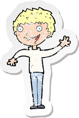 retro distressed sticker of a cartoon happy boy waving