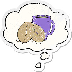 cartoon coffee and donuts with thought bubble as a distressed worn sticker